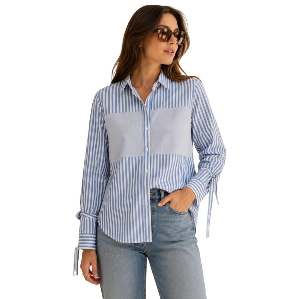 Walter Baker Joanne Stripe Poplin‎ Shirt Tie Sleeve Preppy Blue Women's Small